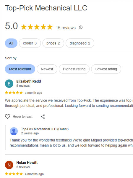  HVAC Customer Reviews - Google Review - Top Pick Mechanical